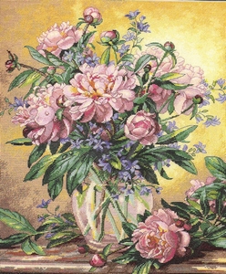 Pioenrozen met blauwe klokjesbloemen Pioenrozen met blauwe klokjesbloemen